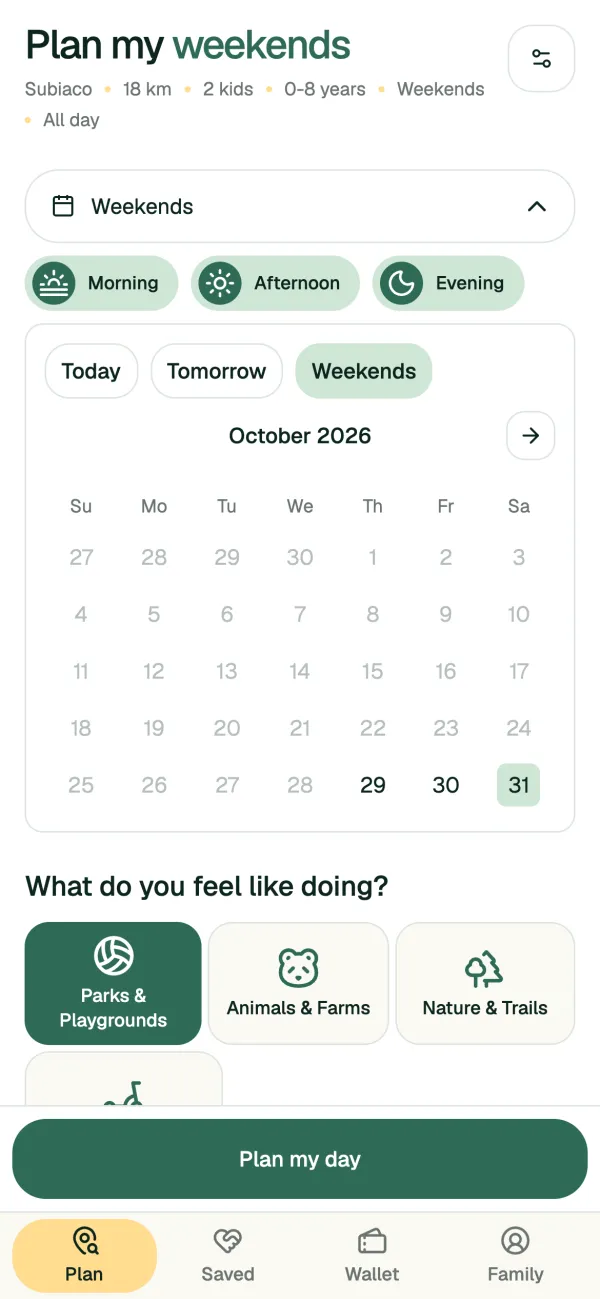 The Kidly date picker with Today, Tomorrow and Weekends, and morning, afternoon and evening.