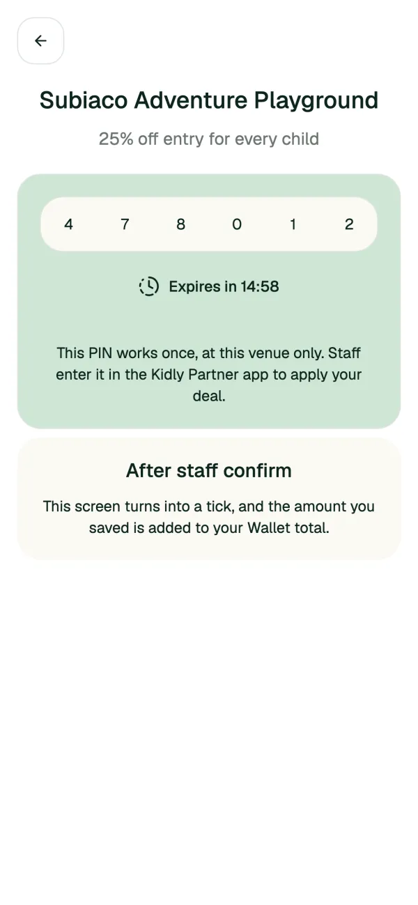 A six-digit Kidly deal PIN to show venue staff, with a 15-minute countdown.