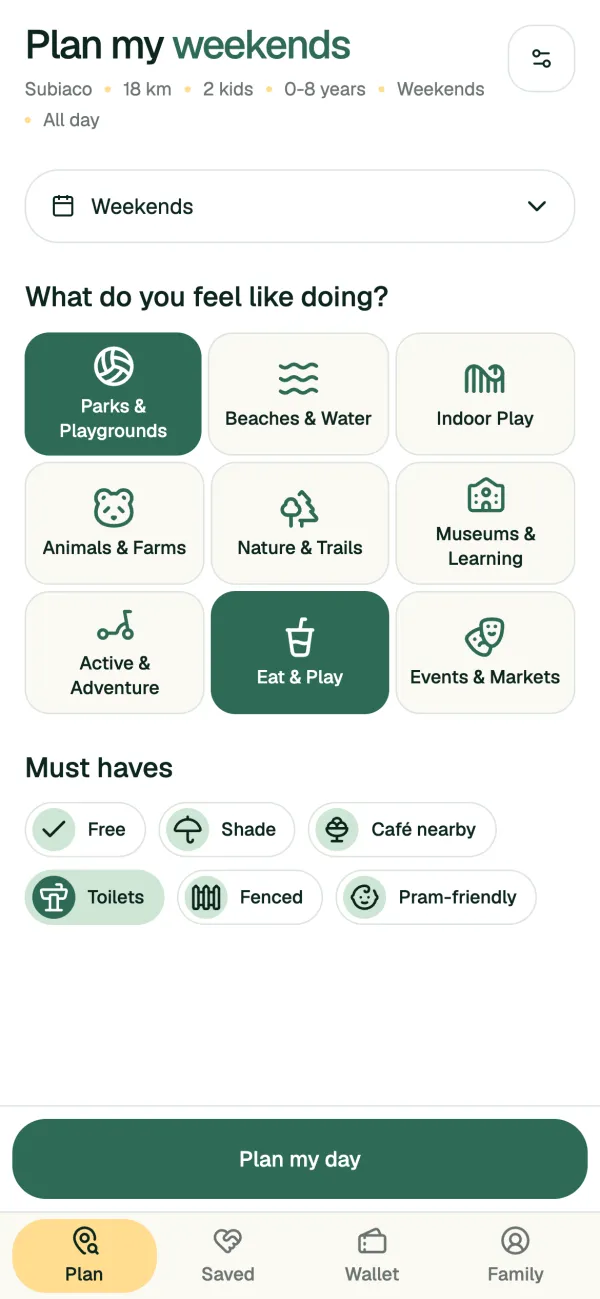 The Kidly planner with Parks & Playgrounds and Eat & Play picked, and must-haves such as shade, toilets and pram access.