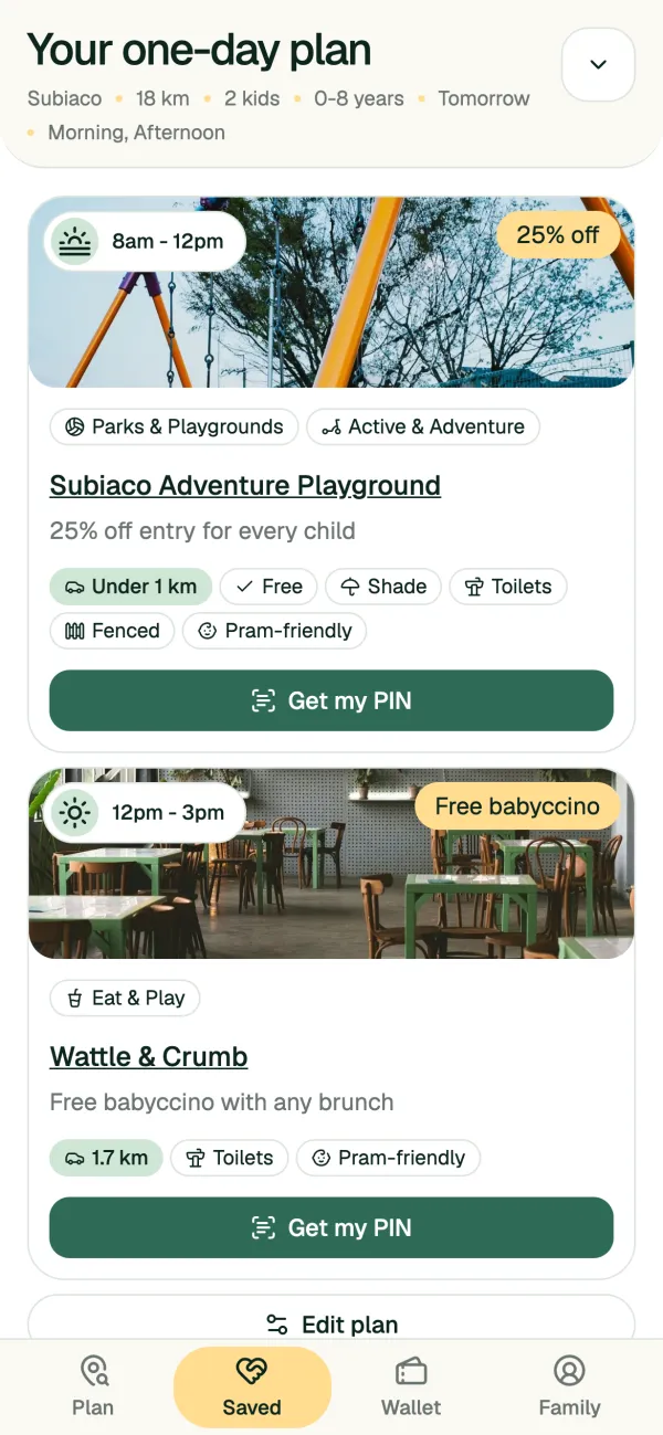 A saved Kidly plan with a Get my PIN button for each deal.